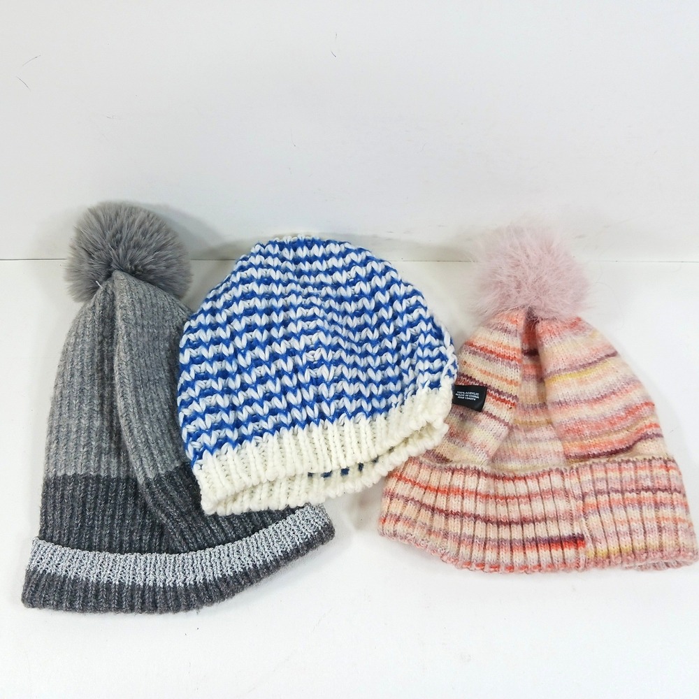 Lot of 3 Knit Pom Pom Beanies Alexis Bendel Blue White Pink Grey Winter Hats O/S